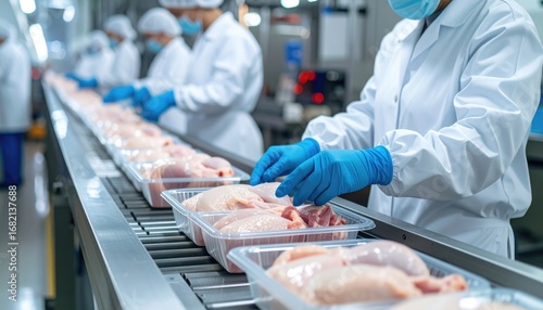 Production line with workers in protective gear handling raw chicken pieces in plastic trays on a conveyor belt in a clean industrial environment