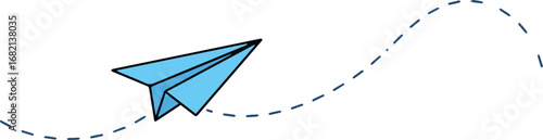 Inspiring blue paper airplane soars along a dashed line path, symbolizing travel and dreams.