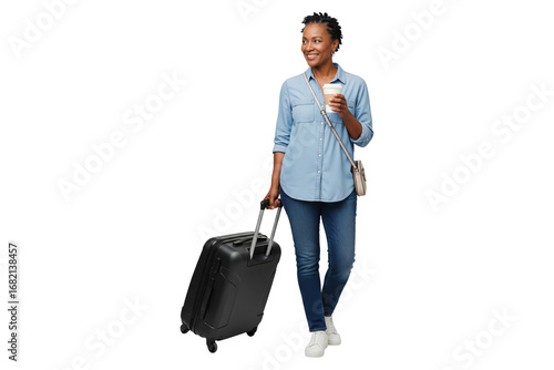 Happy African American woman in casual clothes walking with a suitcase and coffee for travel.