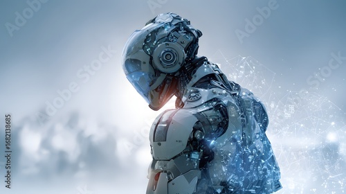 Cybernetic Sentinel: A lone figure in futuristic armor, gazes down amidst a backdrop of a vast, expansive sky and futuristic cityscape, evoking themes of protection, technology, and solitude.