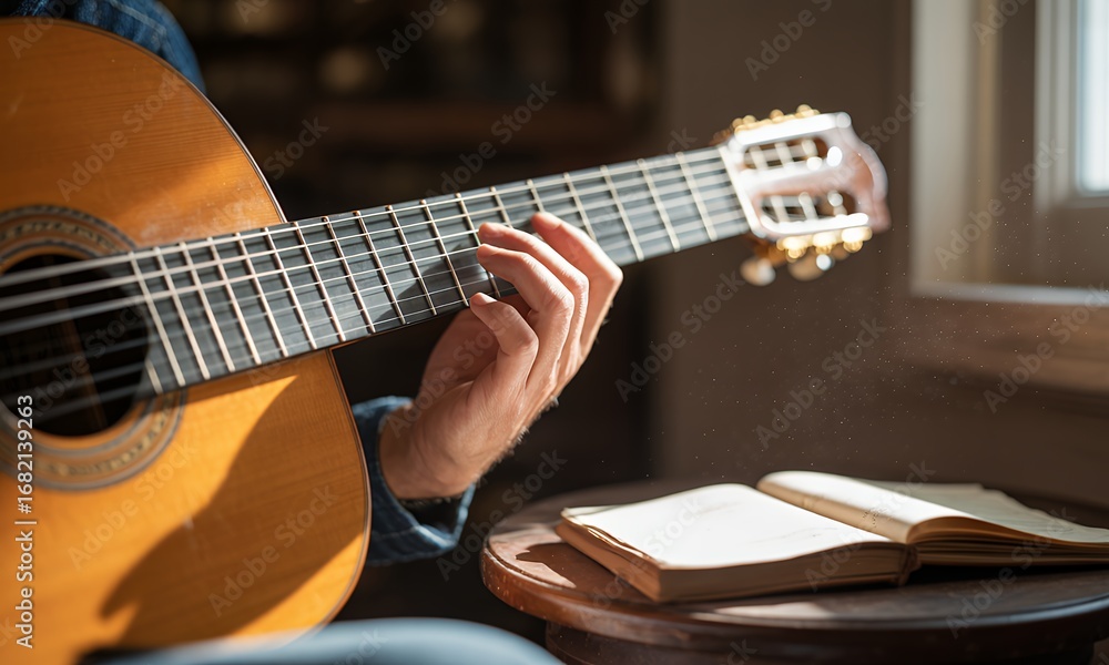 Fototapeta premium Close-up of hands playing a classical guitar with sheet music nearby in warm sunlight