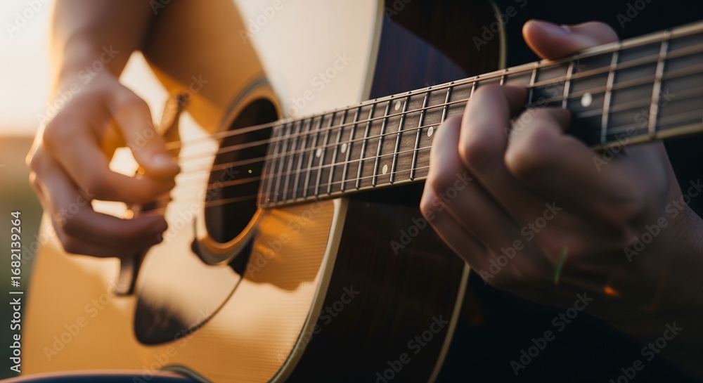 Fototapeta premium Close-up of Hands Playing Acoustic Guitar at Sunset
