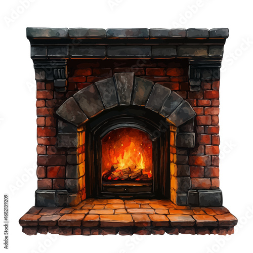 watercolor vector of Crackling Fireplace, isolated on a white background.