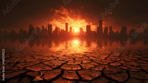Inferno Cityscape: An apocalyptic scene unfolds as a fiery sun descends upon a silhouetted city, casting an eerie reflection across a cracked, desolate terrain.