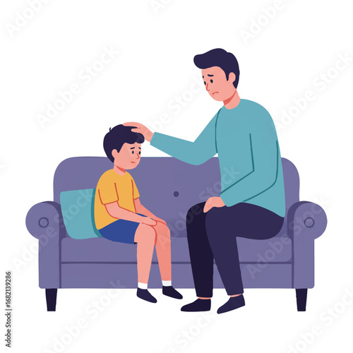 A caring parent gently holds the forehead of their young, unwell child sitting on a sofa, with a concerned expression, in a simplified flat 2D vector illustration on a clean white background.