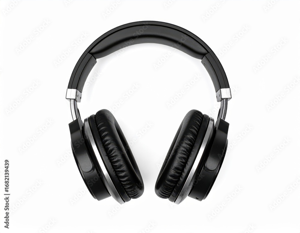 Fototapeta premium Black and silver over-ear headphones, top view, isolated on white background.