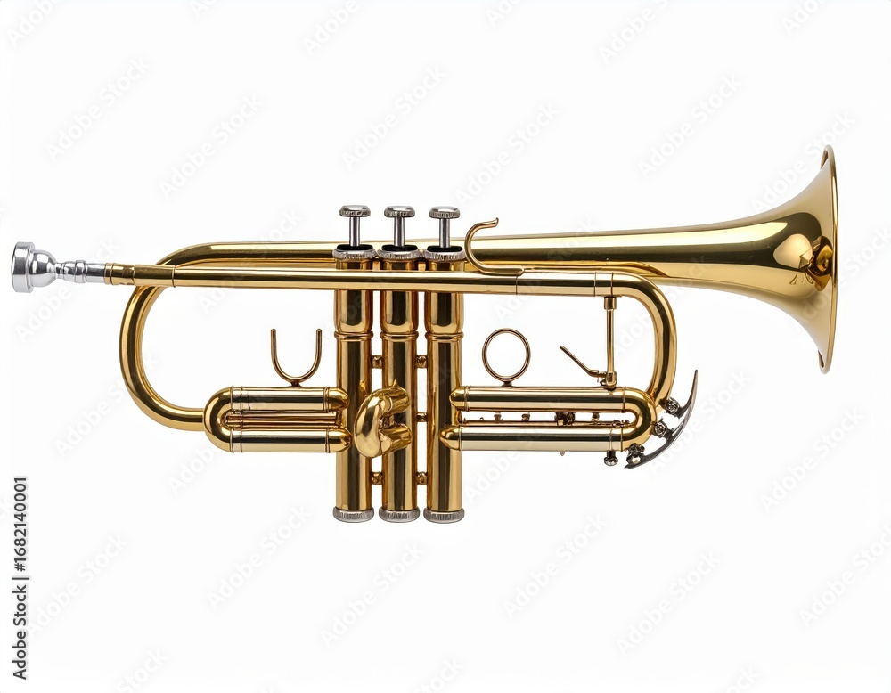 Obraz premium A gleaming brass trumpet rests against a stark white background, showcasing its intricate design.
