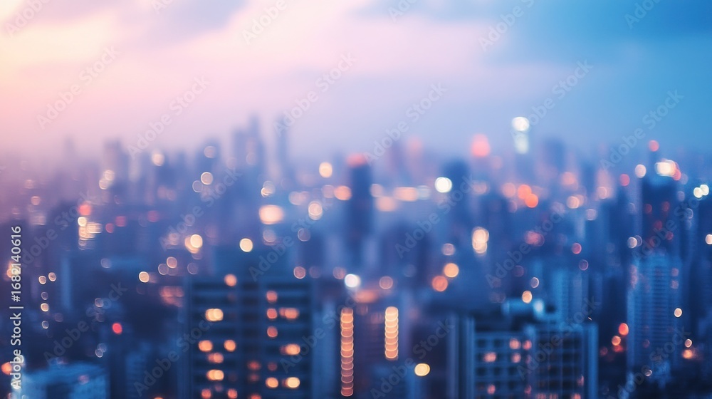 Fototapeta premium A blurred cityscape at dusk, showcasing urban lights and buildings.