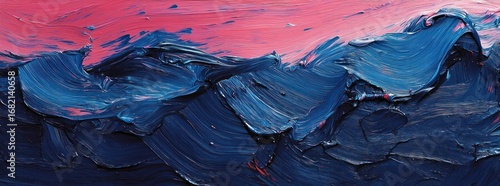 Abstract Textured Painting With Dominant Blue Tones and Contrasting Pink Above Depicting Mountainous Forms
