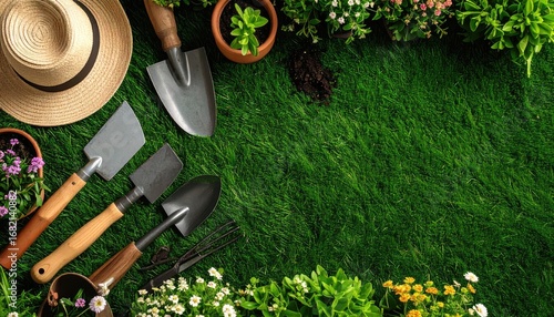 Overhead shot of gardening tools, hat, and plants arranged on vibrant green grass with ample copy space in the middle for a text