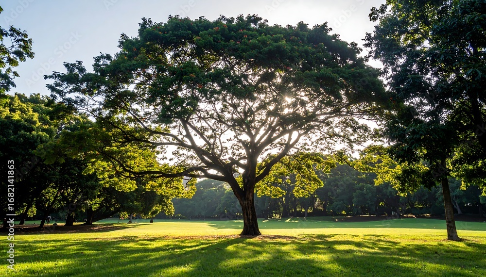 Fototapeta premium Sunlit park with large tree
