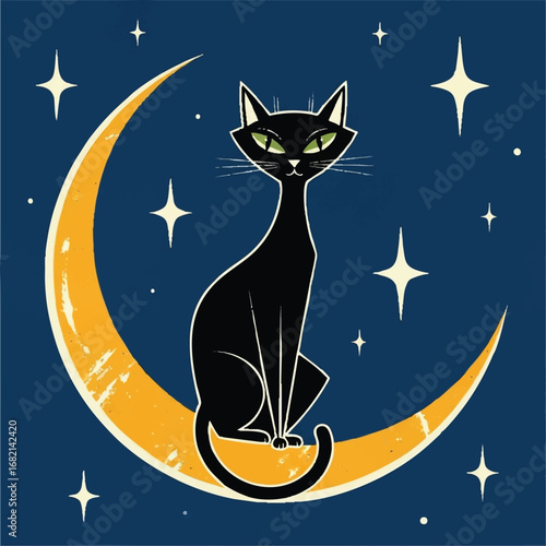 Mysterious black cat sits on a crescent moon under a starry sky