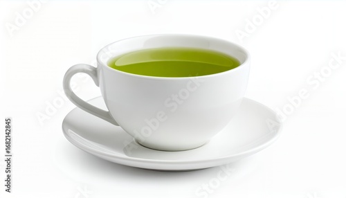A white ceramic cup filled with vibrant green tea sits on a matching saucer against a clean white background.