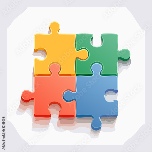 A colorful four-piece jigsaw puzzle fully assembled, representing a concept of teamwork, problem-solving, and the final solution through collaboration and partnership