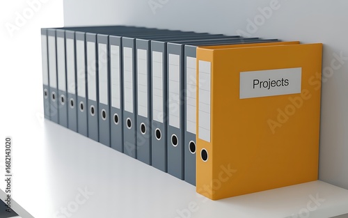 Row of office binders with one yellow binder labeled project