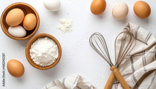 Baking ingredients eggs in a wooden bowl, flour, whisks, & checkered cloth arranged on a white surface. Top-down, flat lay arrangement