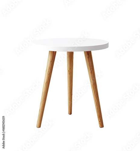 Simple, round side table with a white top and three light-brown legs