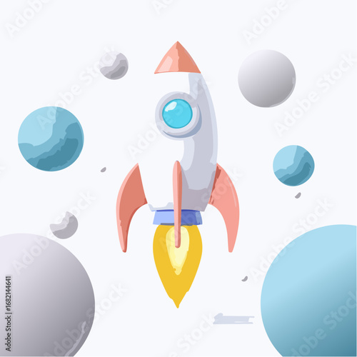 Explore the vastness of space with this whimsical illustration of a rocket ship soaring past celestial bodies and planets, igniting the imagination for cosmic adventures and discovery