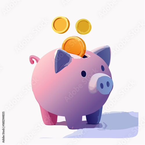 Digital illustration of a classic pink piggy bank with gold coins being deposited, a visual metaphor for saving money, personal finance, investment growth, and financial security