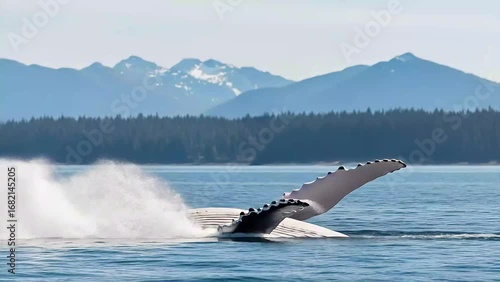 Humpback Whale Breaching in Ocean with mountains in background, Alaska. Wildlife behavior in natural habitat, aquatic mammal, ocean wildlife, whale watching, marine animals