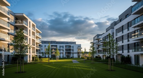 Wallpaper Mural Modern Apartment Complex with Lush Green Lawn and Cloudy Sky Torontodigital.ca