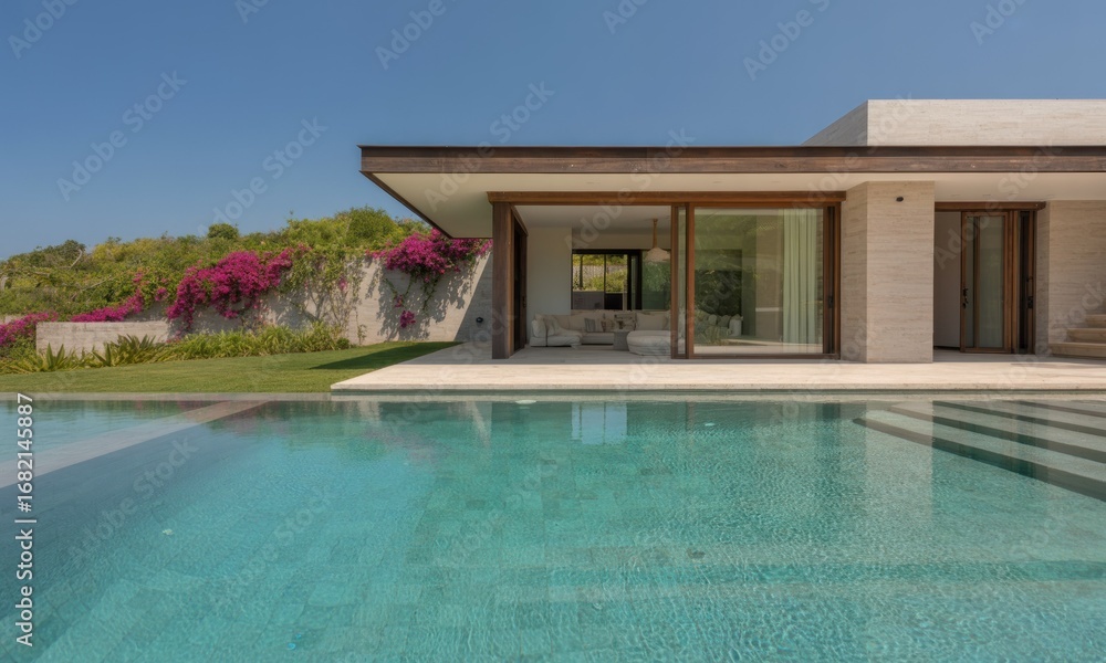 Fototapeta premium Modern villa exterior with pool and patio. Spacious, light-filled living area overlooking a tranquil pool. Tranquil, lush landscape and vibrant bougainvillea add to the home's elegance
