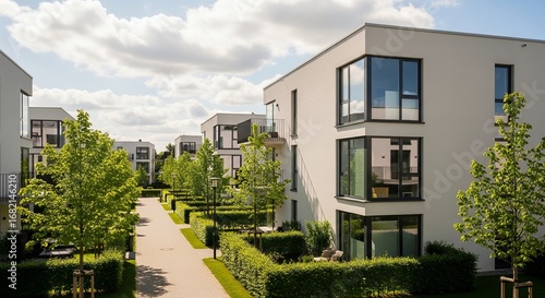 Modern apartment complex, residential buildings, green landscaping, walkway, sunny day, architecture, real estate, exterior, design, property, home,  