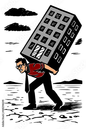 Man carries huge building struggling through barren landscape