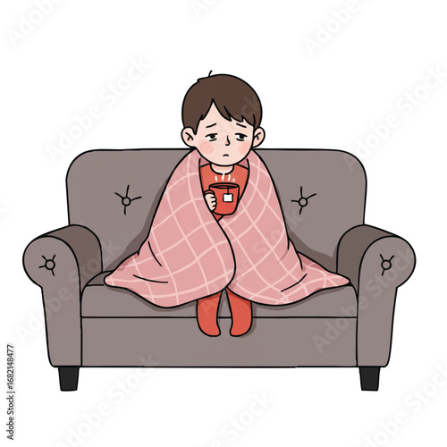 A young child looking slightly pale and wrapped snugly in a blanket sits on a sofa, gently holding a cup of warm tea in a clean 2D flat vector illustration.