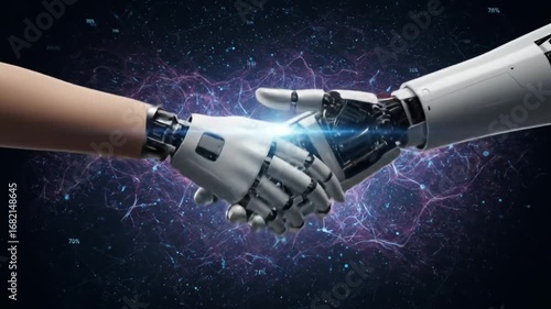 Wallpaper Mural A robotic handshakes a human hand set against a digital backdrop of nodes and connections Torontodigital.ca