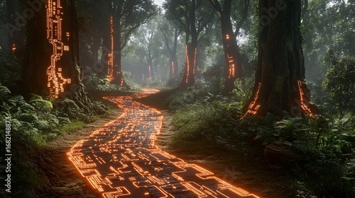 A pathway of glowing orange circuits winds through a lush, fog-shrouded forest. Trees and ground glow with intricate patterns