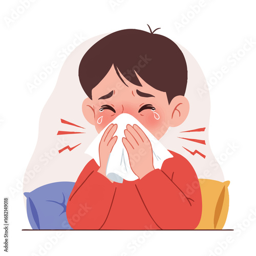A charming 2D flat vector illustration shows a young child caught mid-sneeze, holding a tissue to their nose with watery eyes, an 'achoo' cloud visible in a cozy indoor setting with clean outlines.