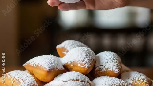 Beignets being Sprinkled with Powdered Sugar, Close up Food Photography, French Quarter Dessert, Gourmet Pastry, Sweet Treat, Delicious Breakfast, Culinary Delight