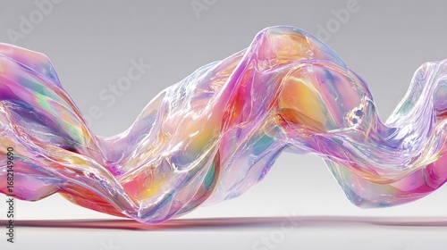 Iridescent, translucent, flowing form, resembling a viscous liquid or fabric, with pastel pink, orange, and yellow hues, exhibiting a dynamic, wave-like motion against a neutral background