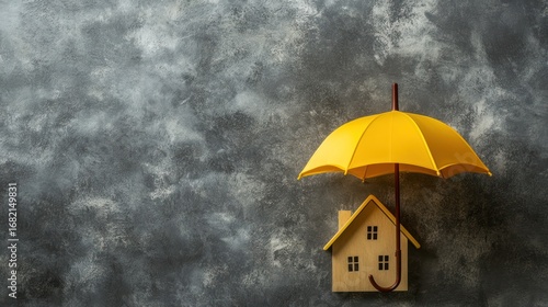A yellow umbrella above a wooden house symbolizes protection and security.