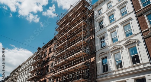 Tall building under construction with scaffolding and blue sky background