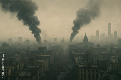 Dense smoke billows skyward from multiple sources across a vast urban landscape, creating an oppressive and hazy vision of a city in distress, symbolizing urban decay or a major environmental crisis