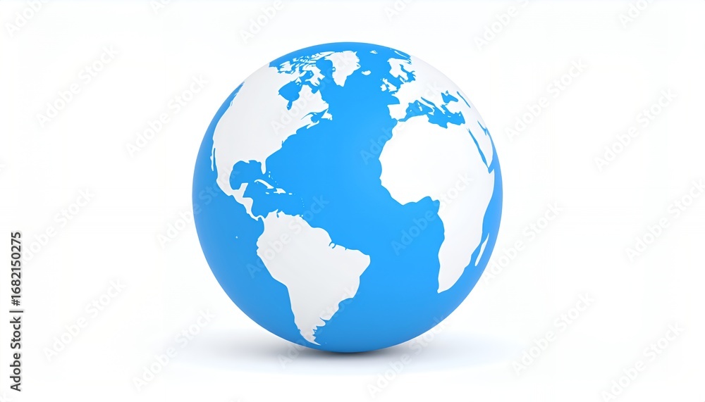 Fototapeta premium A 3D rendering of a blue and white globe showing the continents of the Earth, isolated on a white background, symbolizing global connection and geography.