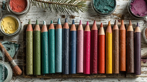 Wallpaper Mural Colored pencils and paint pots arranged on a white wooden surface. Torontodigital.ca