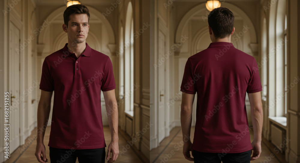 Naklejka premium Burgundy polo shirt model front and back