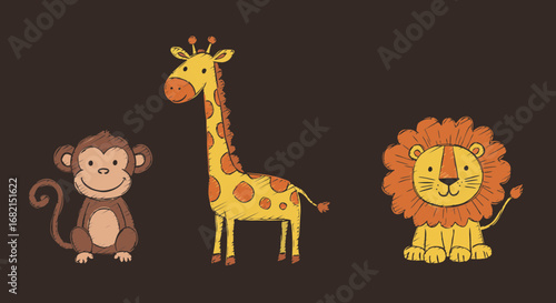 Cute cartoon animals including a monkey giraffe and lion, for kids illustrations
