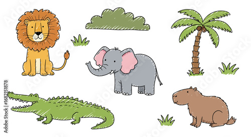 Colorful hand-drawn illustration featuring various safari animals and vegetation