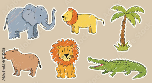 Charming Hand-Drawn Animals and Palm Tree: An Adorable Safari Adventure Illustration