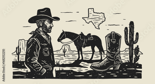 Vintage Woodcut Style Illustration of Texas Cowboy with Horse and Scenery