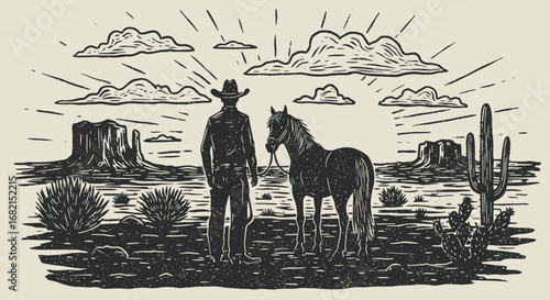Woodcut style illustration of a cowboy and horse in desert landscape scenery