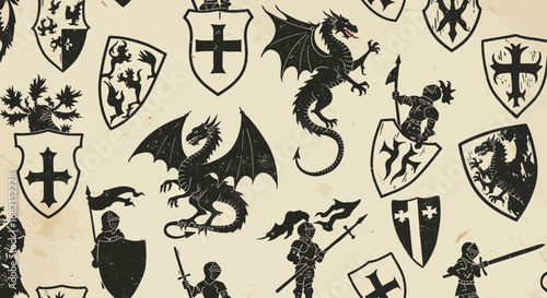 Medieval Heraldic Vector Pattern: Dragons, Knights, and Shields in Distressed Black