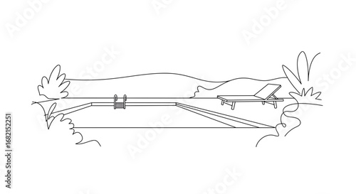 Minimalist poolside landscape illustration with lounge chair and mountain backdrop