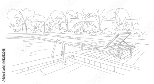 Line art illustration of a swimming pool with a deck chair and tropical plants