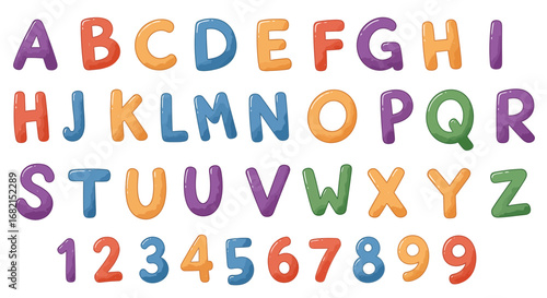 Colorful Alphabet and Numbers Set in Cartoon Style for Educational Resources