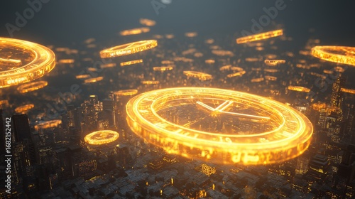 Abstract Digital Timepieces Hovering Above a Futuristic Urban Landscape at Night